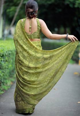 women's block print chiffon saree -green 4
