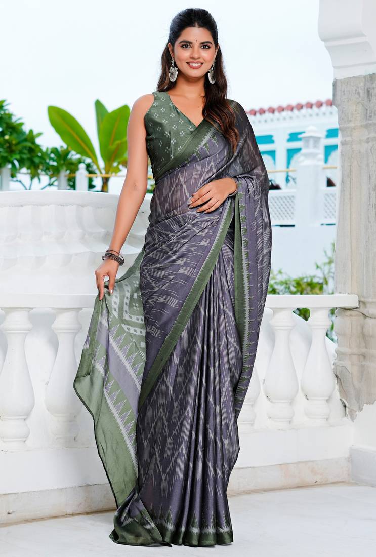 women's chevron print chiffon saree -purple