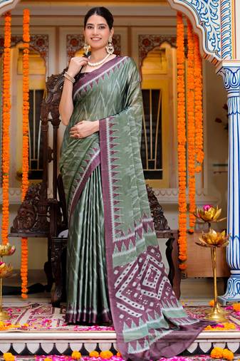 women's chevron print chiffon saree -green