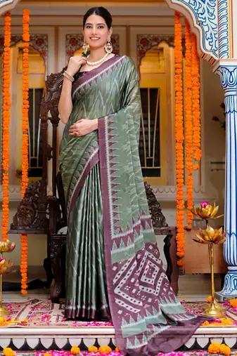 women's chevron print chiffon saree -green