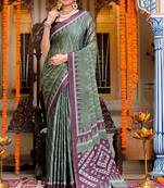 women's chevron print chiffon saree -green