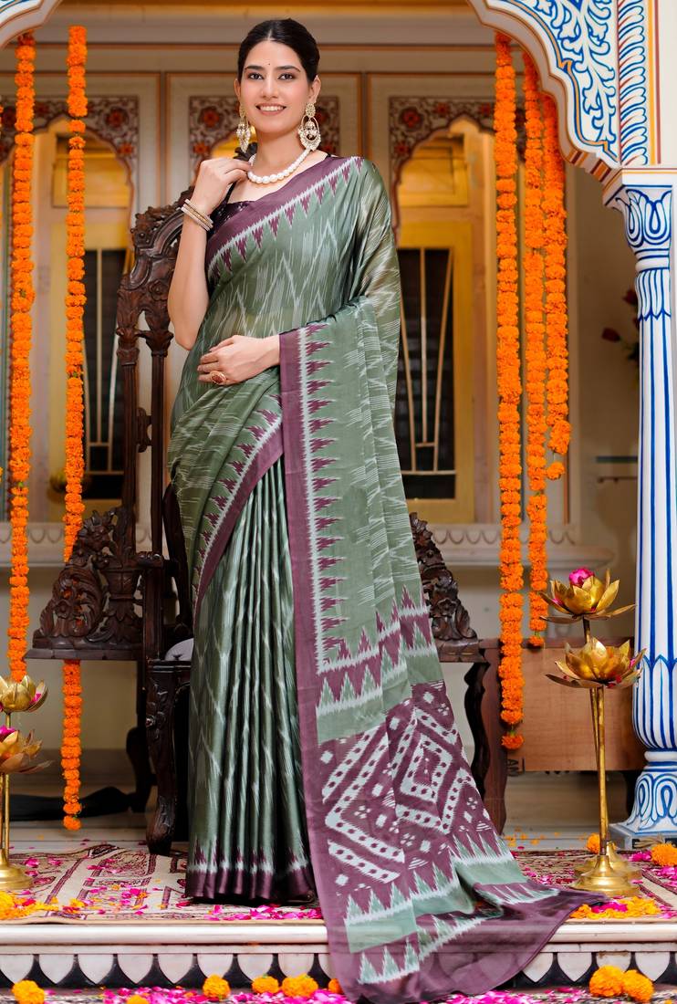 women's chevron print chiffon saree -green