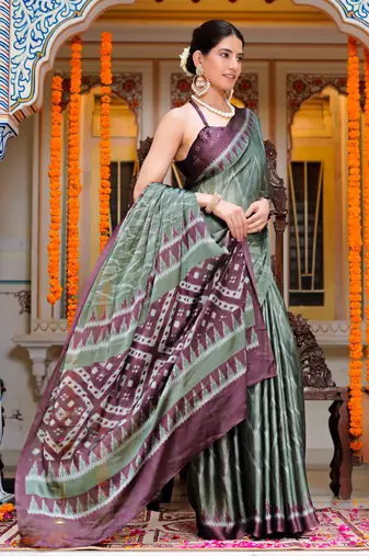 women's chevron print chiffon saree -green