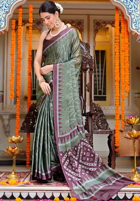 women's chevron print chiffon saree -green 3