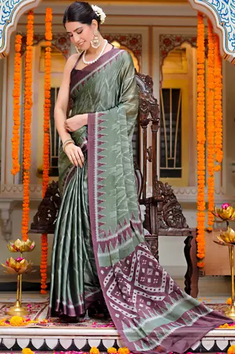 women's chevron print chiffon saree -green
