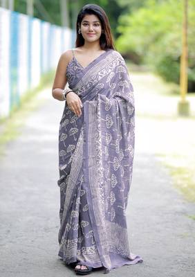 women's block print chiffon saree -lavender 1