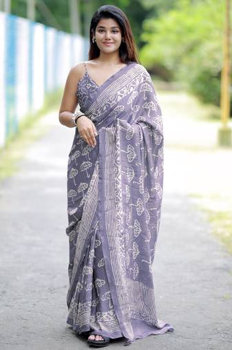 women's block print chiffon saree -lavender
