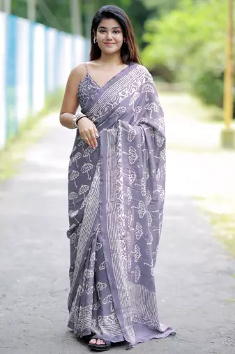 women's block print chiffon saree -lavender