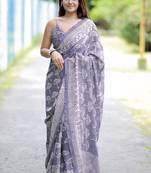 women's block print chiffon saree -lavender