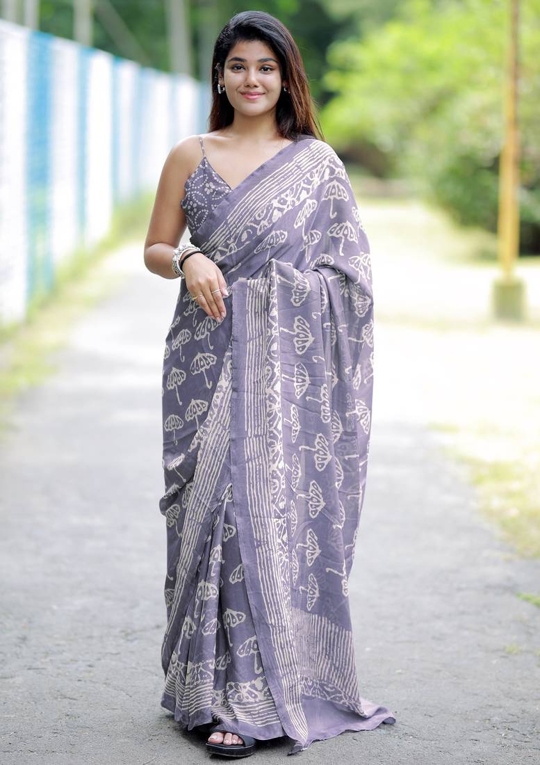 women's block print chiffon saree -lavender