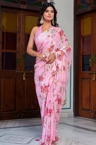 women's floral print chiffon saree -pink