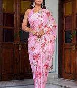 women's floral print chiffon saree -pink