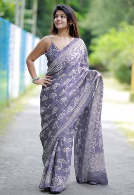 women's block print chiffon saree -lavender 2