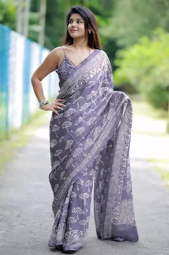 women's block print chiffon saree -lavender
