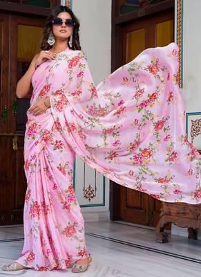 women's floral print chiffon saree -pink 2