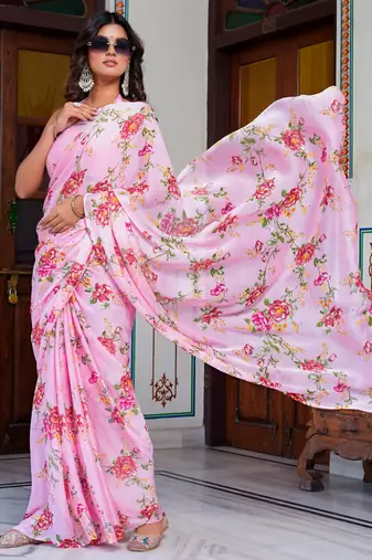 women's floral print chiffon saree -pink
