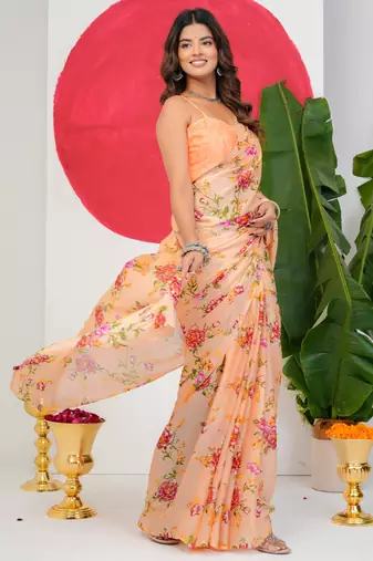 women's floral print chiffon saree -orange
