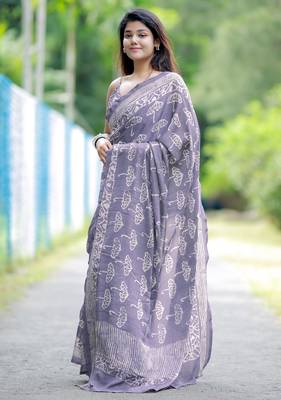 women's block print chiffon saree -lavender 3