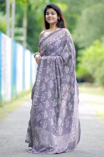 women's block print chiffon saree -lavender