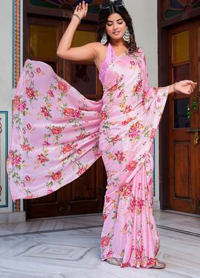 women's floral print chiffon saree -pink 3