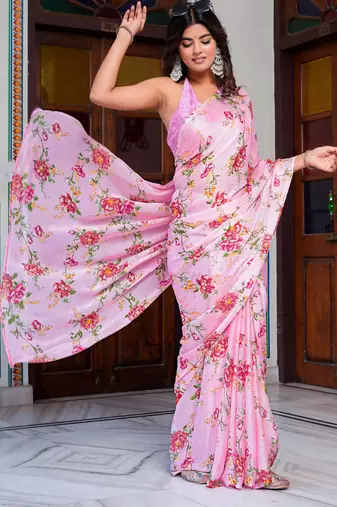 women's floral print chiffon saree -pink