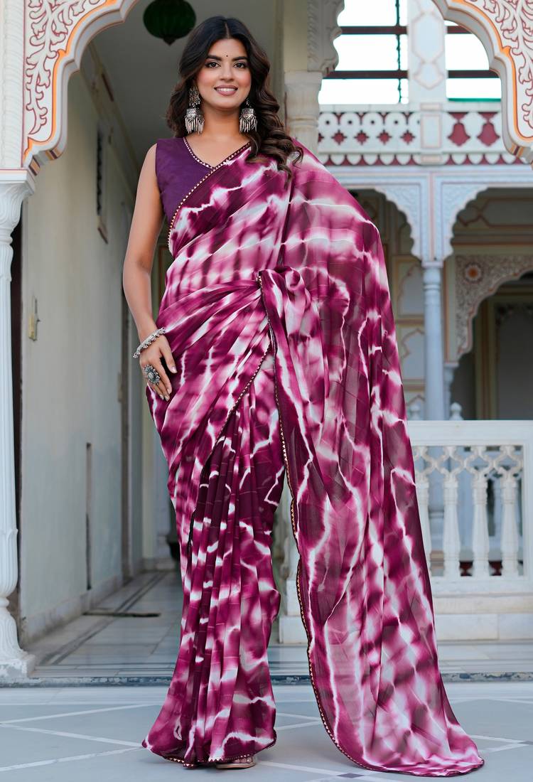 women's shibori print chiffon saree -wine