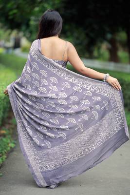 women's block print chiffon saree -lavender 4