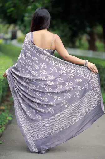 women's block print chiffon saree -lavender