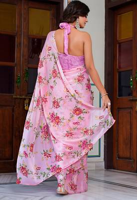 women's floral print chiffon saree -pink 4