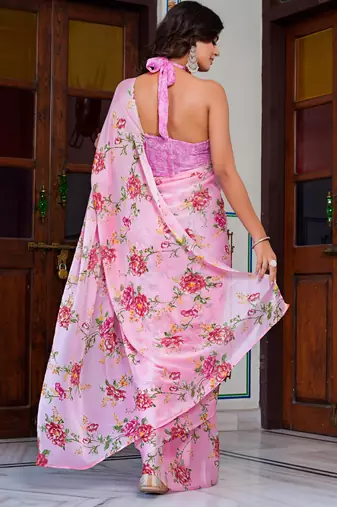 women's floral print chiffon saree -pink