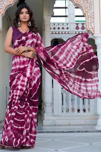 women's shibori print chiffon saree -wine