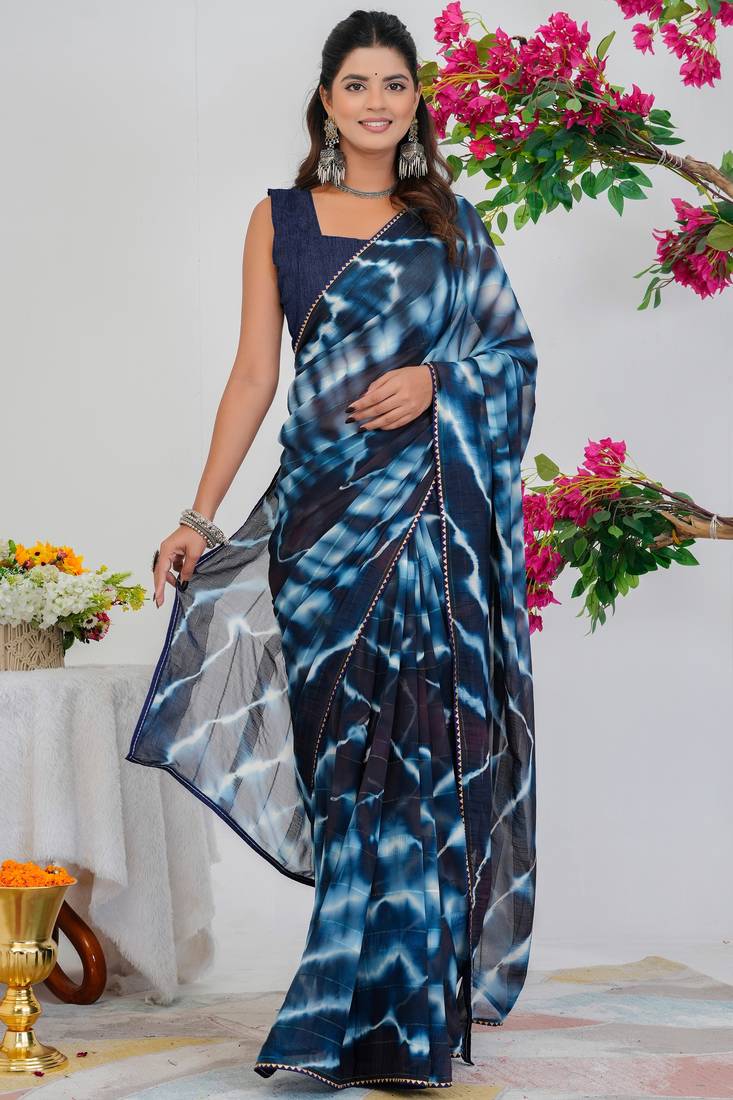 women's shibori print chiffon saree -blue