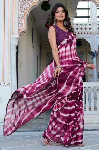 women's shibori print chiffon saree -wine