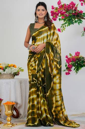 women's shibori print chiffon saree -green
