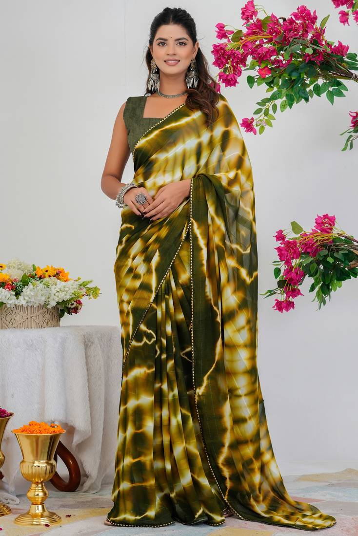 women's shibori print chiffon saree -green