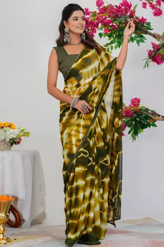 women's shibori print chiffon saree -green