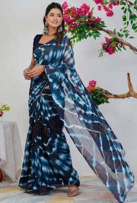 women's shibori print chiffon saree -blue 3
