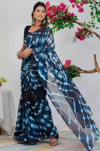 women's shibori print chiffon saree -blue