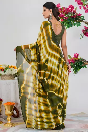 women's shibori print chiffon saree -green