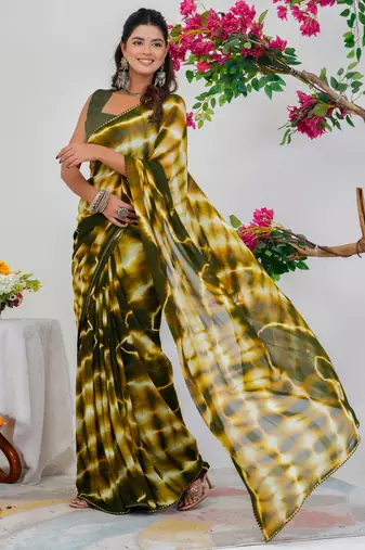 women's shibori print chiffon saree -green