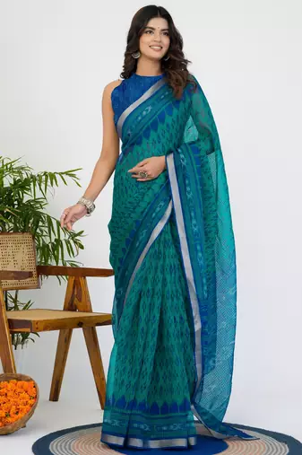 women's ikkat print kota doria saree -turquoise