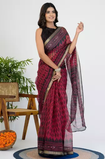 women's ikkat print kota doria saree -red