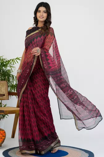 women's ikkat print kota doria saree -red