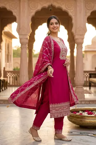 Chinon pink zari-work salwar suit