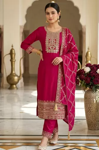 Chinon pink zari-work salwar suit
