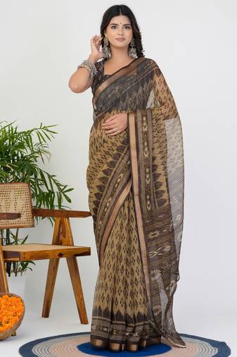 women's ikkat print kota doria saree -beige
