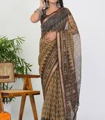 women's ikkat print kota doria saree -beige