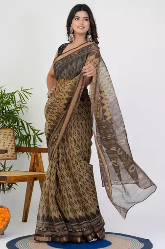 women's ikkat print kota doria saree -beige
