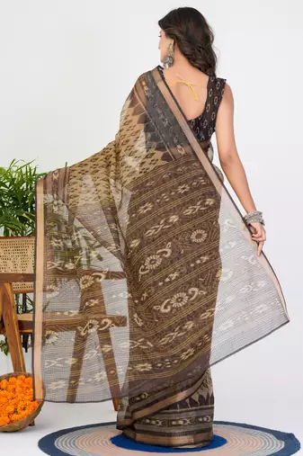 women's ikkat print kota doria saree -beige