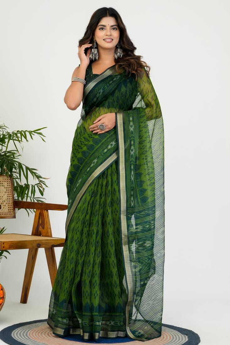 women's ikkat print kota doria saree -green